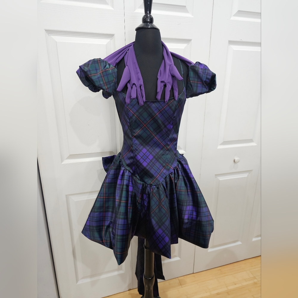 Dolls Kill Goth Unholy Corrupt Charm Purple Plaid Bow Bubble Mini Dress XS S
